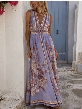 $420 Caroline Constas Periwinkle Boho Floral Linen V-Neck Maxi Dress in pastel M
